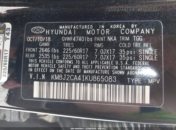 KM8J2CA41KU865083 2019 HYUNDAI TUCSON Black Widok komory silnika