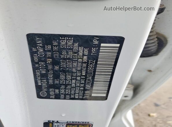 KM8J2CA41LU089622 2020 HYUNDAI TUCSON White Вид наклейки з VIN-кодом