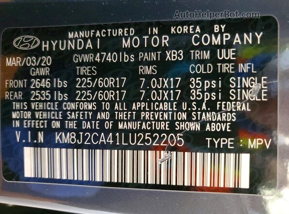 KM8J2CA41LU252205 2020 HYUNDAI TUCSON Blue ძრავის განყოფილების ხედი