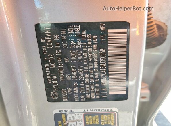 KM8J2CA43MU390958 2021 HYUNDAI TUCSON Silver VIN კოდის სტიკერის ხედი