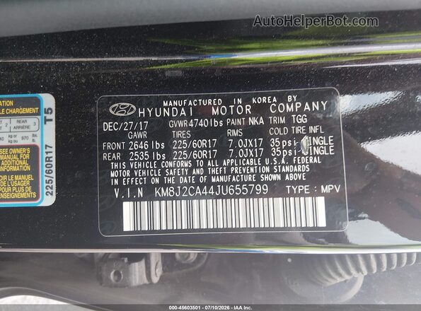 KM8J2CA44JU655799 2018 HYUNDAI TUCSON Black Widok komory silnika