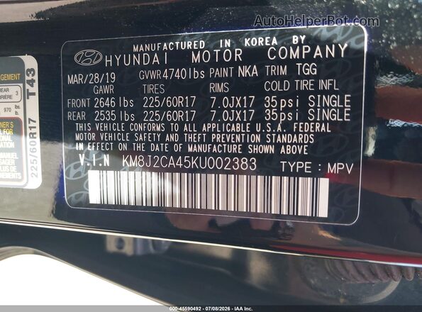 KM8J2CA45KU002383 2019 HYUNDAI TUCSON Black Widok komory silnika
