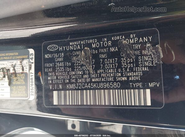KM8J2CA45KU896580 2019 HYUNDAI TUCSON Black Engine compartment view