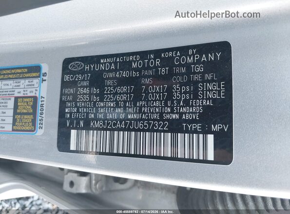 KM8J2CA47JU657322 2018 HYUNDAI TUCSON Silver Vista del compartimento del motor