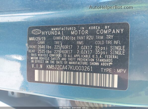 KM8J2CA47KU003261 2019 HYUNDAI TUCSON Blue ძრავის განყოფილების ხედი