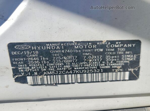 KM8J2CA47KU925321 2019 HYUNDAI TUCSON White Вид наклейки з VIN-кодом