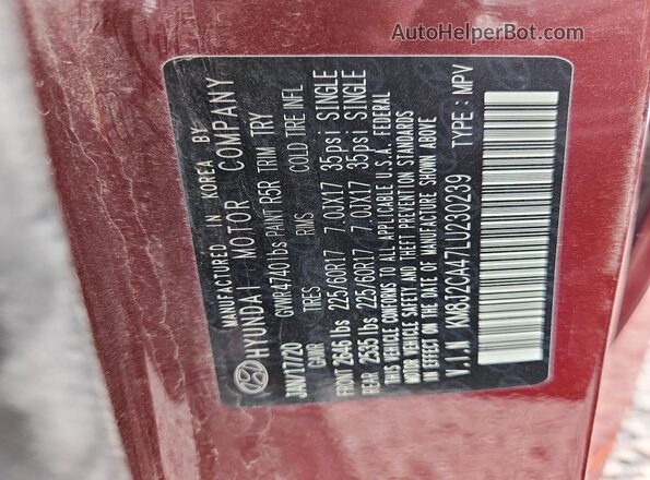 KM8J2CA47LU230239 2020 HYUNDAI TUCSON Burgundy Вид наклейки з VIN-кодом