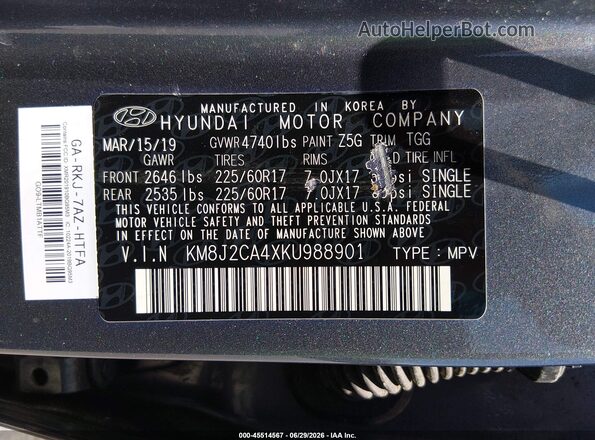 KM8J2CA4XKU988901 2019 HYUNDAI TUCSON Gray ძრავის განყოფილების ხედი
