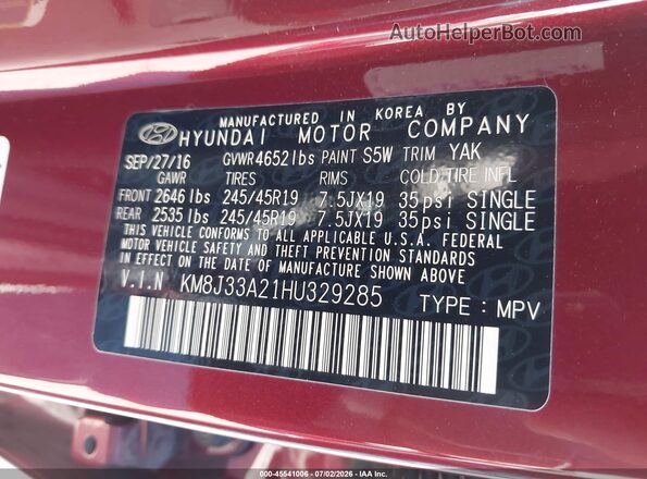 KM8J33A21HU329285 2017 HYUNDAI TUCSON Red Vista del compartimento del motor
