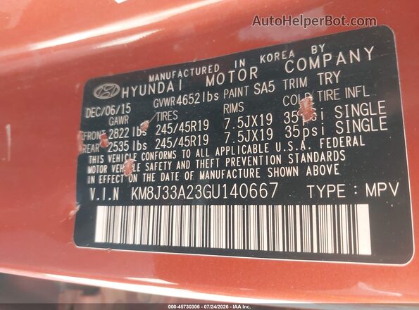 KM8J33A23GU140667 2016 HYUNDAI TUCSON Orange Вид підкапотного простору