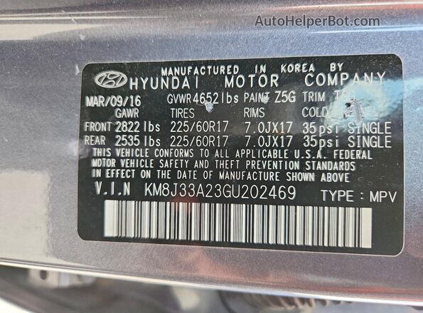 KM8J33A23GU202469 2016 HYUNDAI TUCSON Gray VIN კოდის სტიკერის ხედი