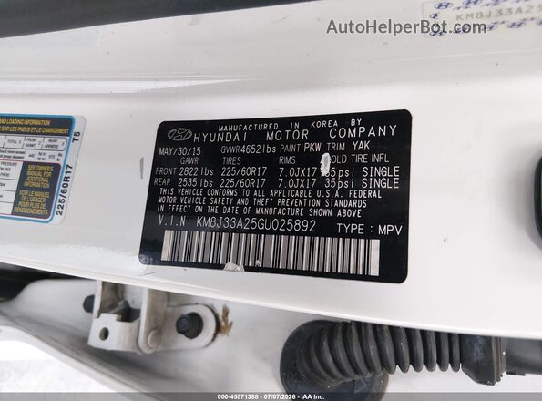 KM8J33A25GU025892 2016 HYUNDAI TUCSON White ძრავის განყოფილების ხედი