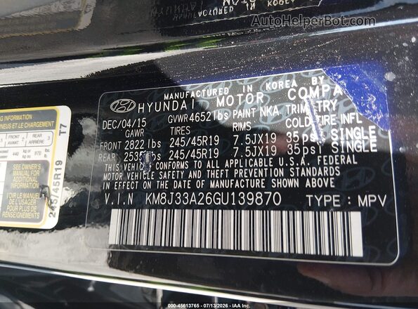 KM8J33A26GU139870 2016 HYUNDAI TUCSON Black Vista del compartimento del motor