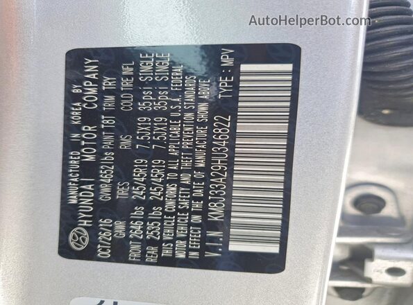 KM8J33A29HU346822 2017 HYUNDAI TUCSON Silver VIN sticker view