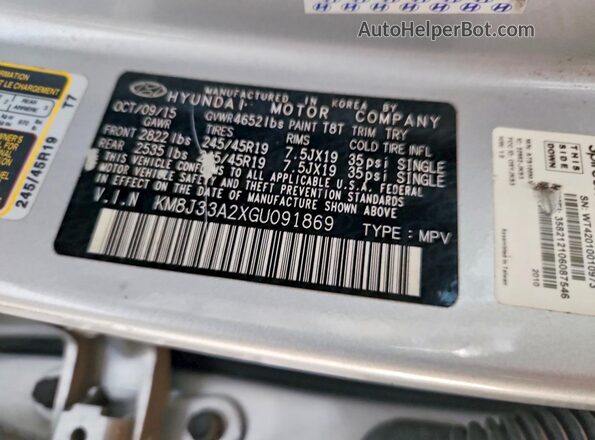 KM8J33A2XGU091869 2016 HYUNDAI TUCSON Silver VIN კოდის სტიკერის ხედი