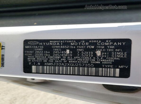 KM8J33A2XGU257355 2016 HYUNDAI TUCSON White Vista de la etiqueta del VIN
