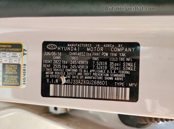 KM8J33A2XGU268601 2016 HYUNDAI TUCSON White VIN sticker view
