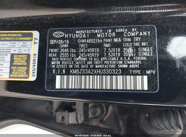 KM8J33A2XHU330323 2017 HYUNDAI TUCSON Black Vista del compartimento del motor