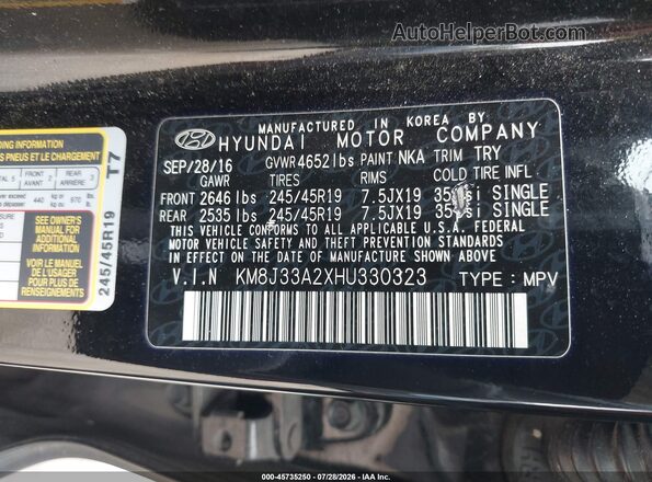 KM8J33A2XHU330323 2017 HYUNDAI TUCSON Black Vista interior de 360 grados