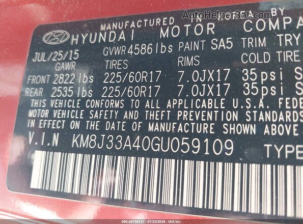 KM8J33A40GU059109 2016 HYUNDAI TUCSON Orange VIN կոդի պիտակի տեսք