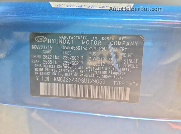 KM8J33A40GU129059 2016 HYUNDAI TUCSON Blue VIN sticker view