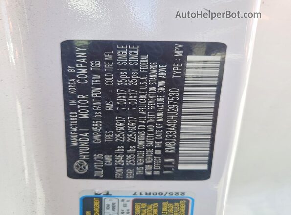 KM8J33A40HU297530 2017 HYUNDAI TUCSON Белый Вид наклейки с VIN-кодом