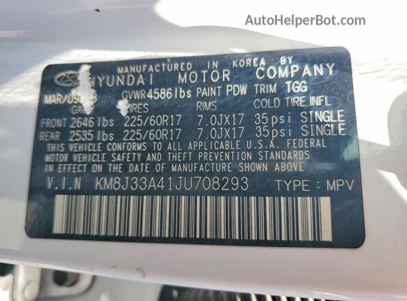 KM8J33A41JU708293 2018 HYUNDAI TUCSON White Շարժիչի բաժամունքի տեսք
