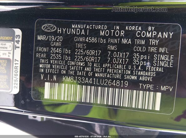 KM8J33A41LU264819 2020 HYUNDAI TUCSON Black ძრავის განყოფილების ხედი