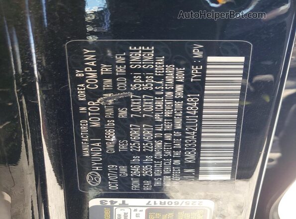 KM8J33A42LU148481 2020 HYUNDAI TUCSON Black VIN կոդի պիտակի տեսք