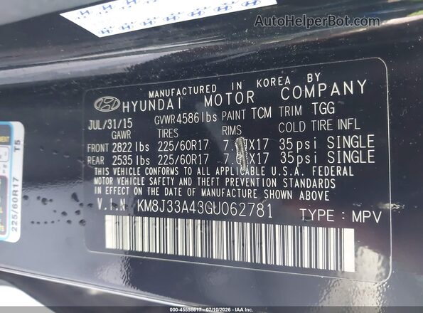 KM8J33A43GU062781 2016 HYUNDAI TUCSON Black Vista del compartimento del motor