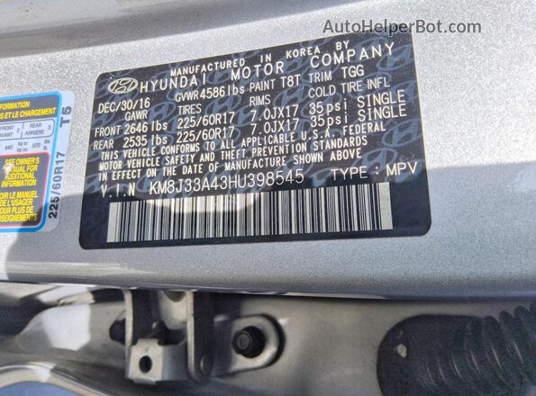 KM8J33A43HU398545 2017 HYUNDAI TUCSON Silver VIN კოდის სტიკერის ხედი