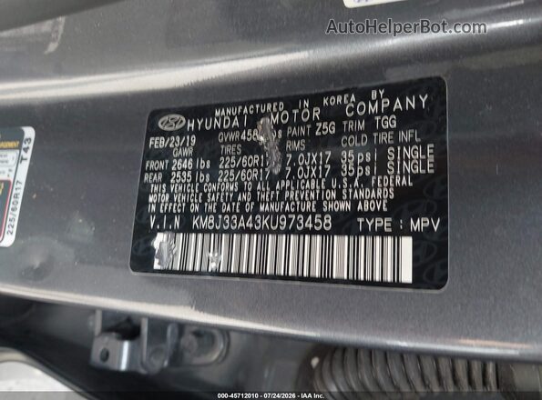 KM8J33A43KU973458 2019 HYUNDAI TUCSON Gray Widok komory silnika
