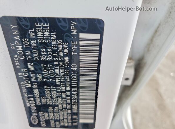 KM8J33A43LU160140 2020 HYUNDAI TUCSON White Vista interior de 360 grados