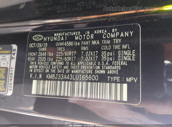 KM8J33A43LU165600 2020 HYUNDAI TUCSON Black Vista del compartimento del motor