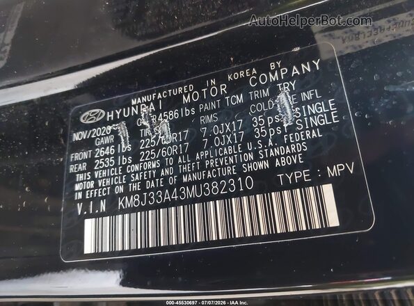 KM8J33A43MU382310 2021 HYUNDAI TUCSON Black Widok komory silnika