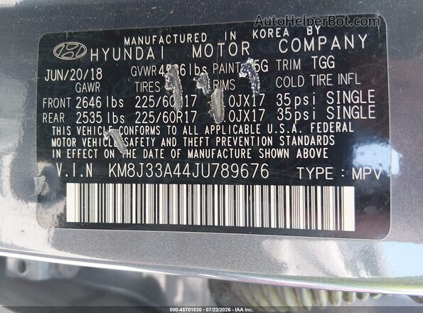 KM8J33A44JU789676 2018 HYUNDAI TUCSON Gray Engine compartment view