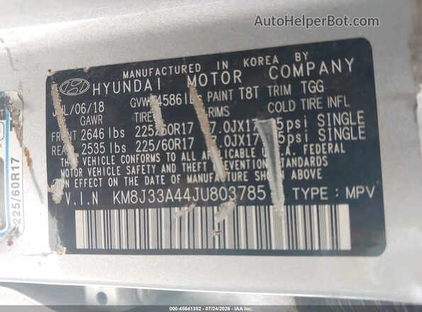 KM8J33A44JU803785 2018 HYUNDAI TUCSON Silver Вид підкапотного простору