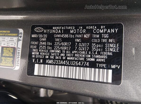 KM8J33A45LU264774 2020 HYUNDAI TUCSON Серый Вид подкапотного пространства