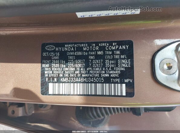 KM8J33A46HU345015 2017 HYUNDAI TUCSON Beige Widok komory silnika