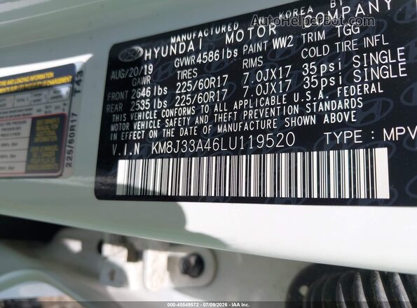 KM8J33A46LU119520 2020 HYUNDAI TUCSON White ძრავის განყოფილების ხედი