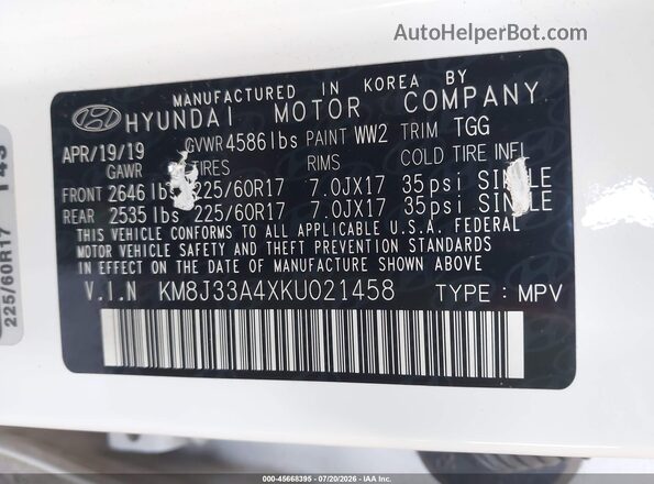 KM8J33A4XKU021458 2019 HYUNDAI TUCSON White Vista del compartimento del motor