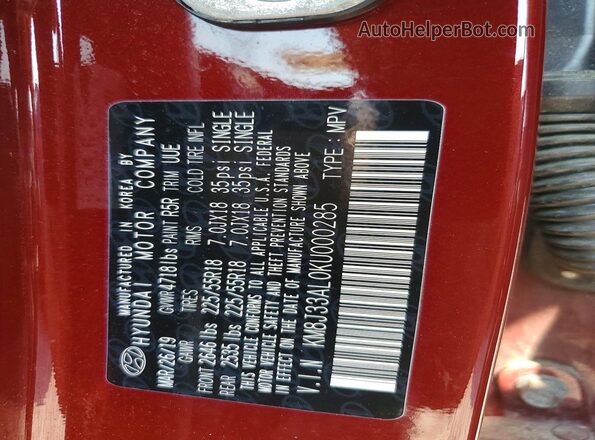 KM8J33AL0KU000285 2019 HYUNDAI TUCSON Red Вид наклейки з VIN-кодом