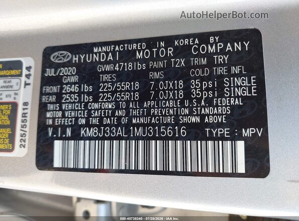 KM8J33AL1MU315616 2021 HYUNDAI TUCSON Серебряный Вид подкапотного пространства