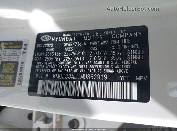 KM8J33AL1MU362919 2021 HYUNDAI TUCSON White Շարժիչի բաժամունքի տեսք