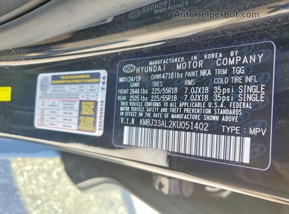 KM8J33AL2KU051402 2019 HYUNDAI TUCSON Silver VIN sticker view