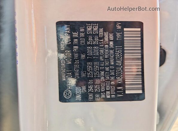 KM8J33AL4MU285611 2021 HYUNDAI TUCSON White VIN sticker view