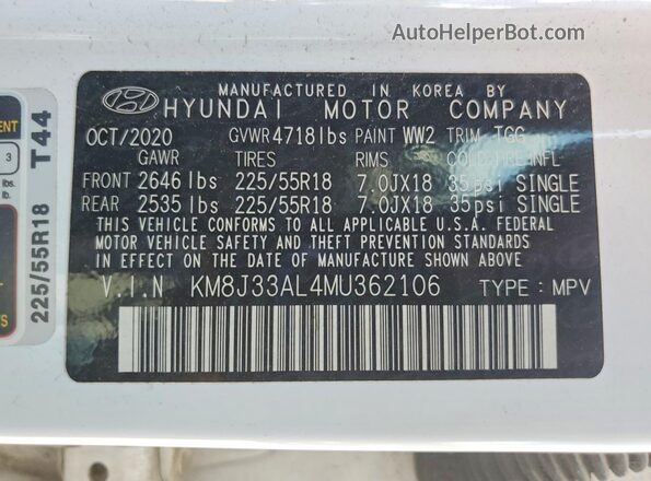 KM8J33AL4MU362106 2021 HYUNDAI TUCSON White VIN sticker view