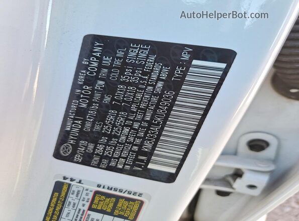 KM8J33AL5KU849036 2019 HYUNDAI TUCSON White Widok naklejki z numerem VIN