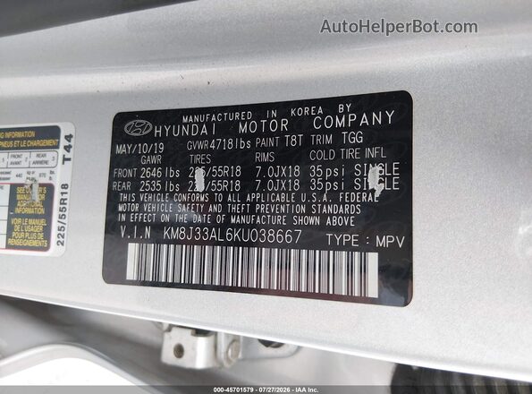 KM8J33AL6KU038667 2019 HYUNDAI TUCSON Серебряный Вид подкапотного пространства