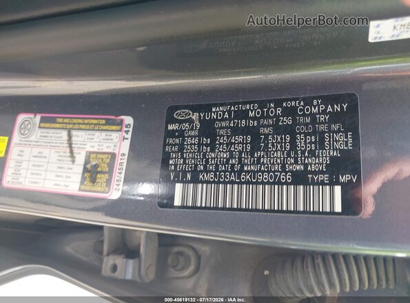 KM8J33AL6KU980766 2019 HYUNDAI TUCSON Серый Вид подкапотного пространства